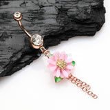 Golden Adorable Pink Daisy Sparkle Belly Button Ring-Clear