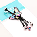 Blackline Monarch Butterfly Sparkle Dangle Flower Belly Button Ring-Black