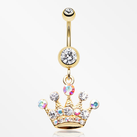 Golden Crown Jewel Multi-Gem Belly Button Ring-Clear Gem