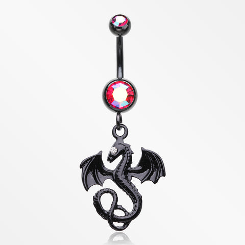 Blackline Jeweled Eye Dragon Belly Ring-Black/Red/Aurora Borealis