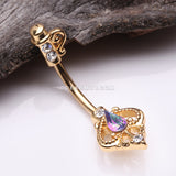 Golden Antique Victorian Sparkle Heart Key Belly Button Ring-Aurora Borealis