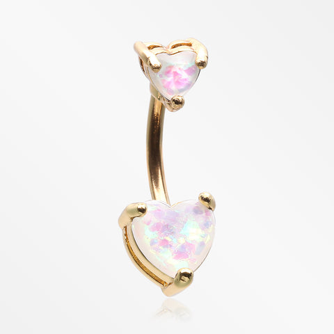 Golden Opalescent Double Heart Prong Set Belly Button Ring-White