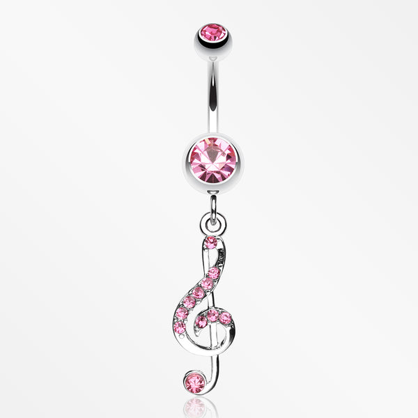 G Clef Music Note Sparkle Belly Ring-Light Pink
