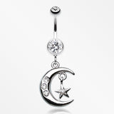 Glistening Moon and Star Belly Button Ring-Clear