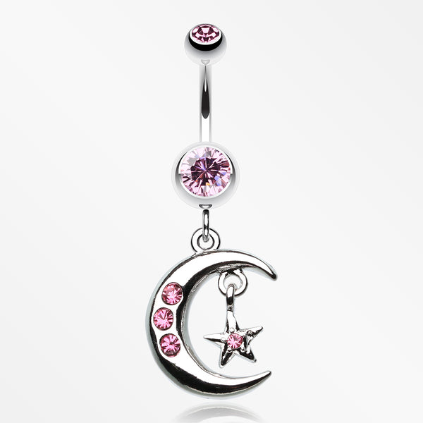 Glistening Moon and Star Belly Button Ring-Light Pink