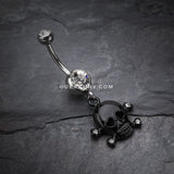 Heart Eyed Skull and Crossbones Sparkle Belly Ring-Clear/Black