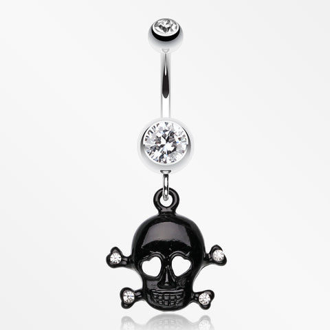 Heart Eyed Skull and Crossbones Sparkle Belly Ring-Clear/Black