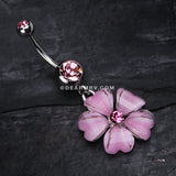 Shimmering Flower Heart Petal Dangle Belly Ring-Light Pink