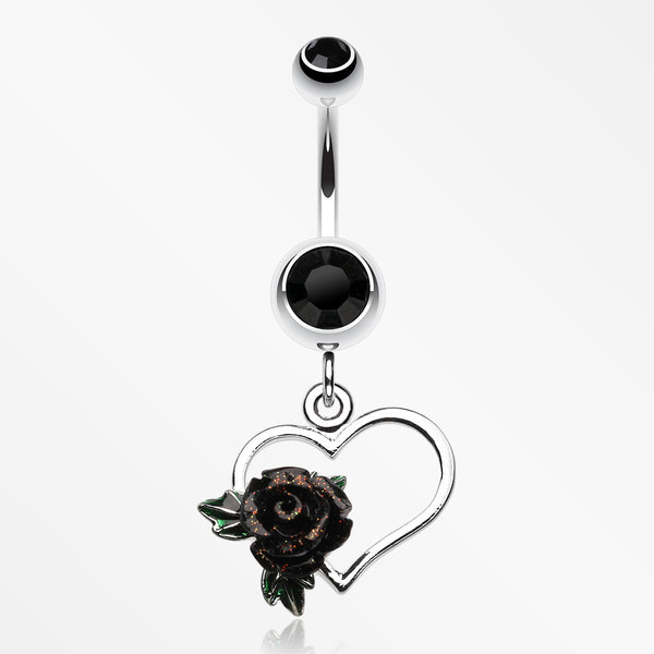 Glittering Sweet Heart with Rose Belly Button Ring-Black