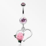 Glittering Sweet Heart with Rose Belly Button Ring-Light Pink
