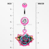 Retro Tattooed Rose Belly Button Ring-Pink