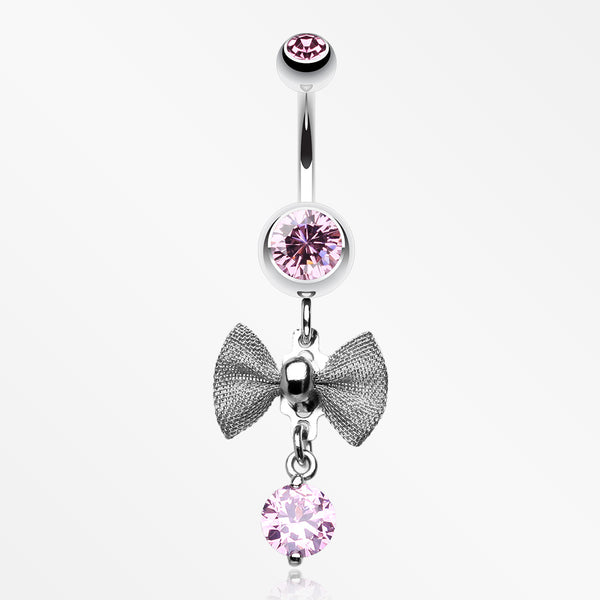 Dainty Bow Gem Sparkle Belly Ring-Light Pink