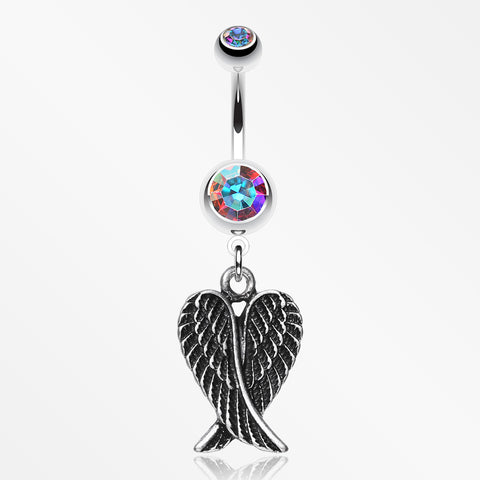 Angel Wing Heart Belly Ring-Aurora Borealis
