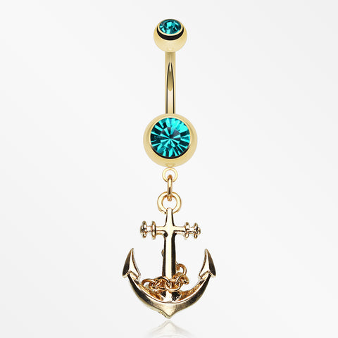 Golden Classic Anchor Belly Ring-Teal