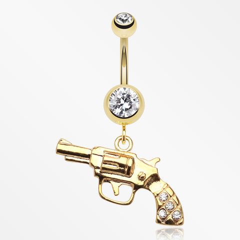 Golden Pistol Gun Sparkle Belly Ring-Clear
