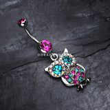 Jeweled Sparkling Owl Dangle Belly Ring-Fuchsia