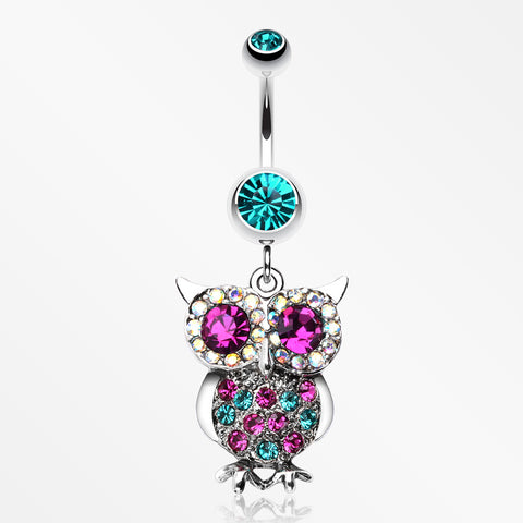 Jeweled Sparkling Owl Dangle Belly Ring-Teal