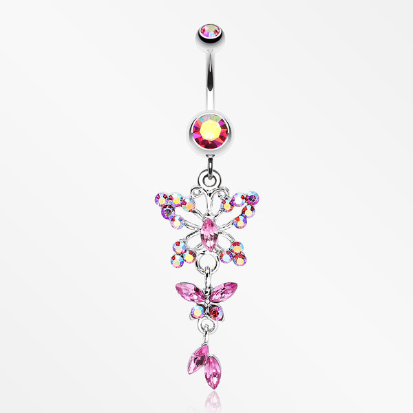 Glam Butterfly Fall Fancy Belly Ring-Pink/Aurora Borealis