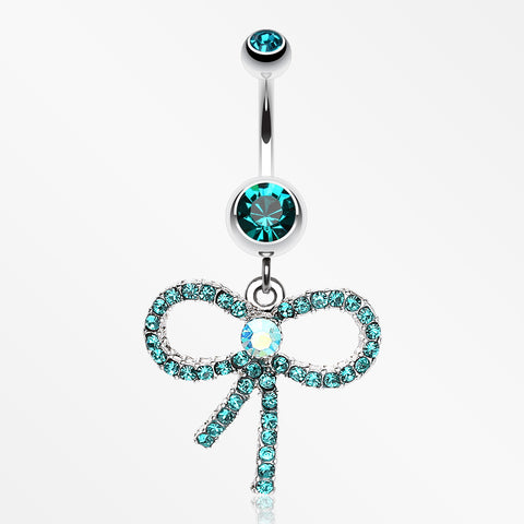 Sparkling Ribbon Dangle Belly Ring-Teal