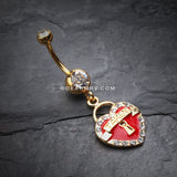 Golden Heart Lock Sparkle Belly Ring-Clear/Red