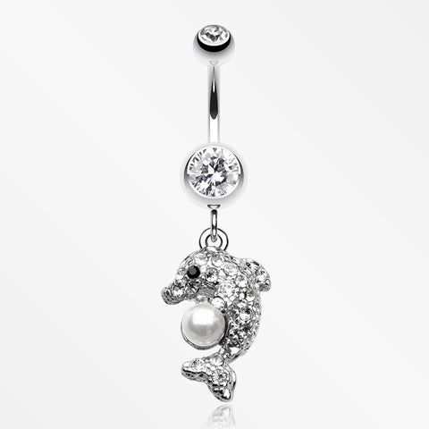 Sparkling Dolphin Belly Button Ring-Clear/White