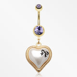 Golden Puffed Pearl Heart Ribbon Belly Ring-Tanzanite