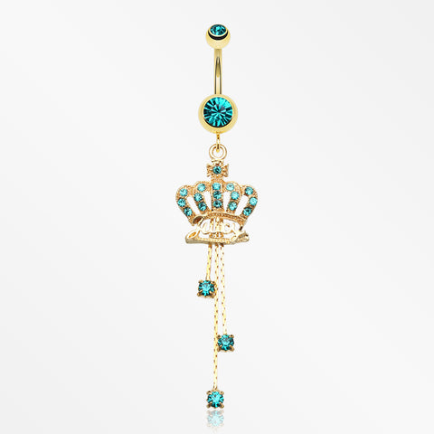 Golden Juicy Crown Sparkle Belly Ring-Teal