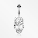 Cross Gem Paved Hardcore Skull Belly Button Ring-Clear