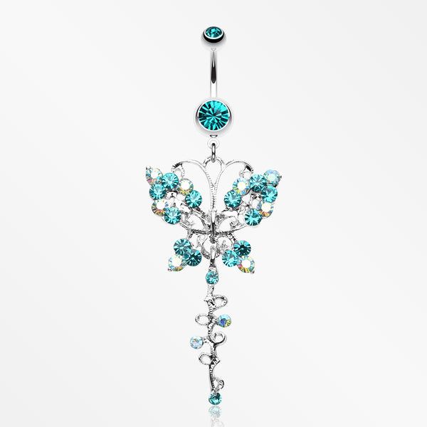 Opulent Butterfly Multi-Gem Belly Button Ring-Teal/Aurora Borealis