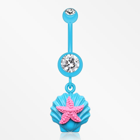 Ariel's Starfish Shell Belly Button Ring-Teal/Clear/Pink