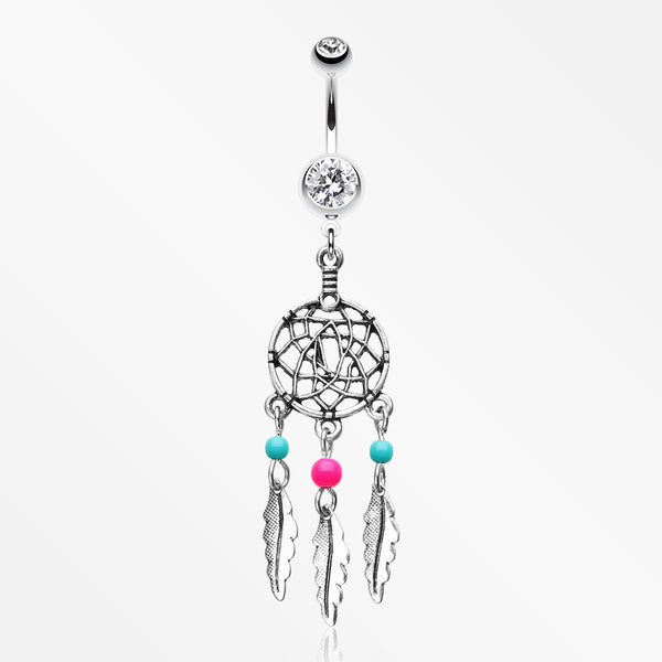 Classic Beaded Dreamcatcher Belly Button Ring-Clear/Pink
