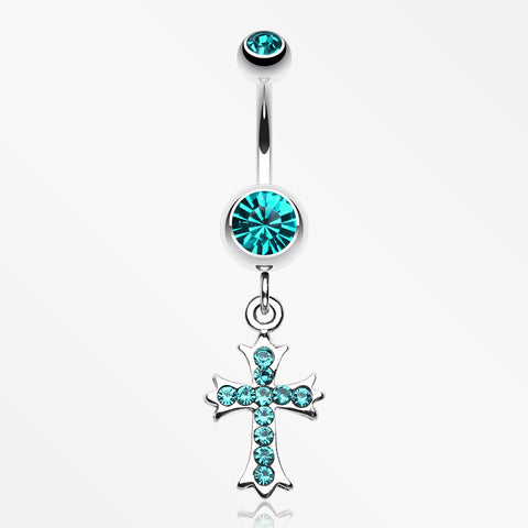 Cross Sparkle Dangle Belly Button Ring-Teal