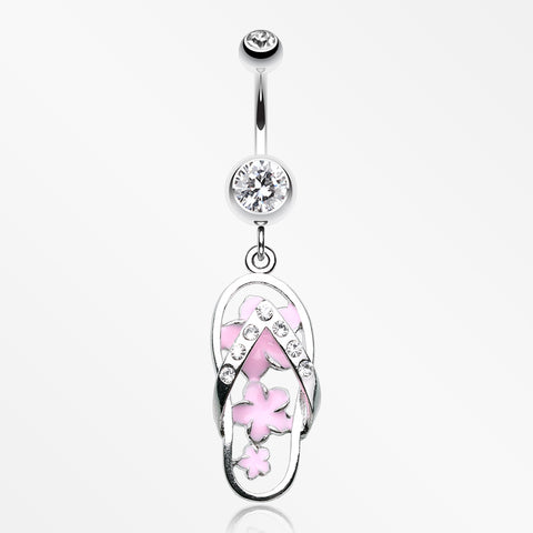 Summer Flower Sandal Belly Button Ring-Clear/Pink
