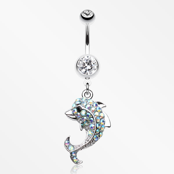 Sweet Sparkle Dolphin Belly Button Ring-Clear/Aqua/Aurora Borealis