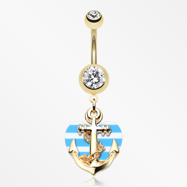 Golden Anchor Nautical Heart Belly Button Ring-Clear/Blue