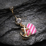 Golden Anchor Nautical Heart Belly Button Ring-Clear/Pink