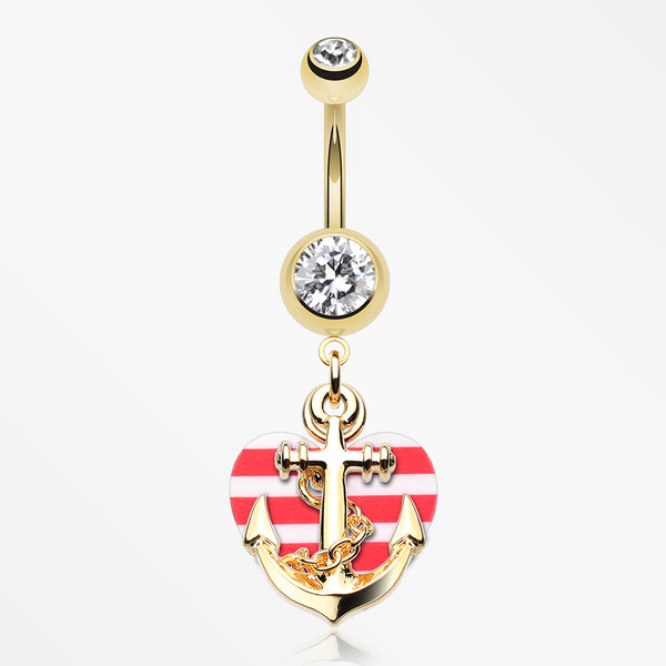 Golden Anchor Nautical Heart Belly Button Ring-Clear/Red