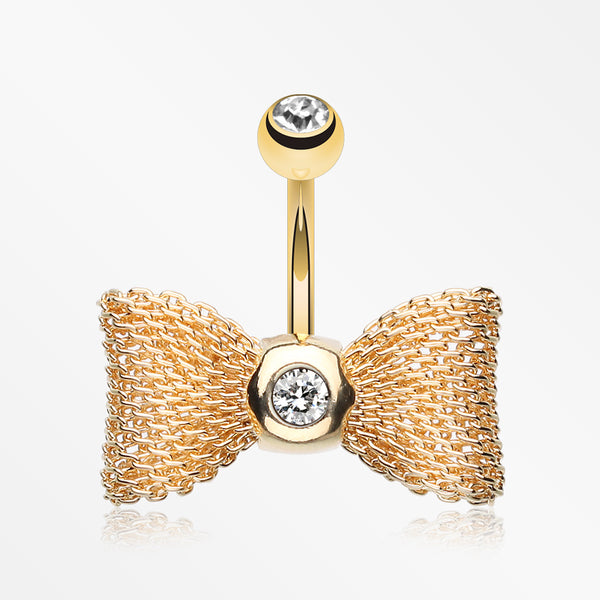 Golden Adorable Mesh Bow-Tie Belly Ring-Clear