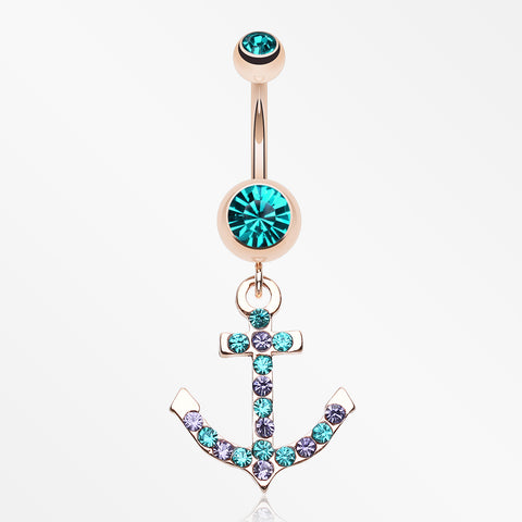 Rose Gold Anchor Gem Sparkle Belly Button Ring-Teal/Tanzanite