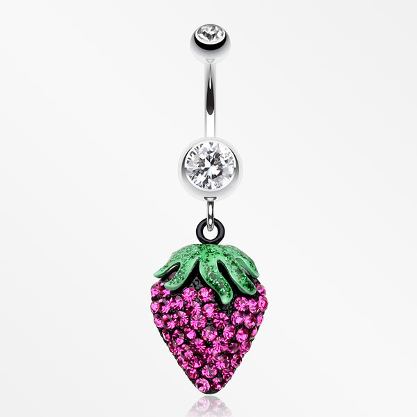 Glitter Sparkle Strawberry Belly Button Ring-Clear/Fuchsia