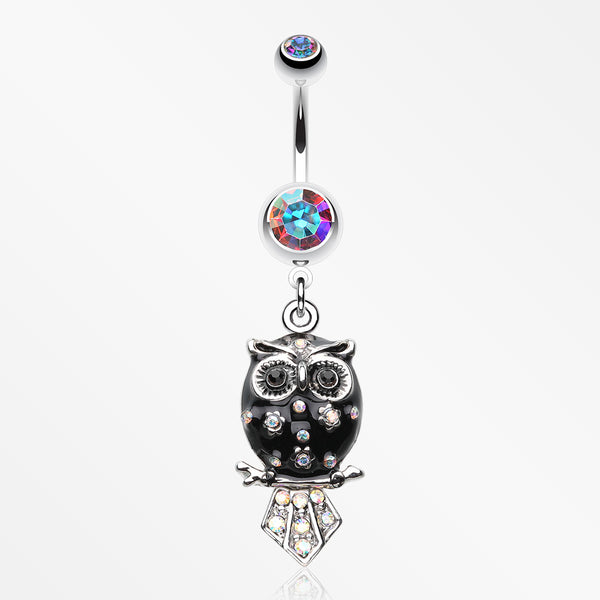 Sweet Blossom Owl Belly Button Ring-Aurora Borealis/Black