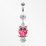 Sweet Blossom Owl Belly Button Ring-Clear/Pink