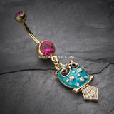 Golden Blossom Owl Belly Button Ring-Fuchsia/Teal