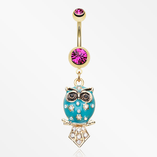 Golden Blossom Owl Belly Button Ring-Fuchsia/Teal