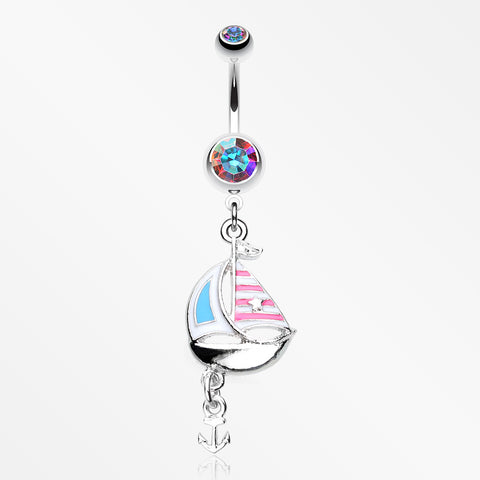 Classic Sail Boat Anchor Dangle Belly Button Ring-Pink/Aurora Borealis