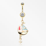 Golden Sail Boat Anchor Dangle Belly Button Ring-Clear