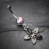 Radiant Spring Beauty Flower Belly Button Ring-Aurora Borealis/Black