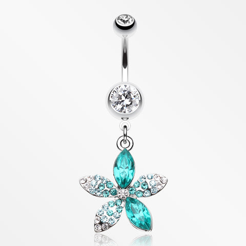 Radiant Spring Beauty Flower Belly Button Ring-Clear/Teal