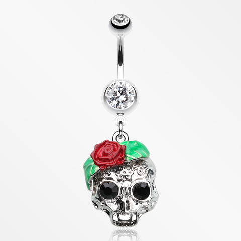 Rose Ornate Sugar Skull Belly Button Ring-Clear