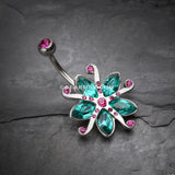 Glistening Lily Blossome Flower Belly Button Ring-Fuchsia/Teal